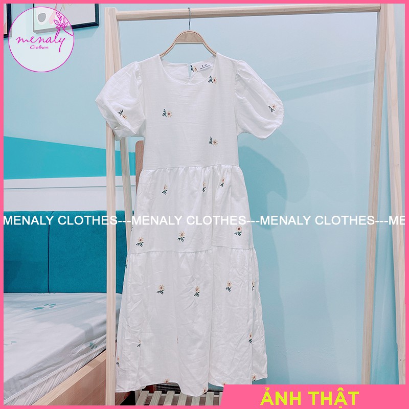 Đầm váy babydoll hoa nhí dáng dài tay bồng VH039, mẫu váy hoa cúc vintage qua gối bầu bí bon chen được