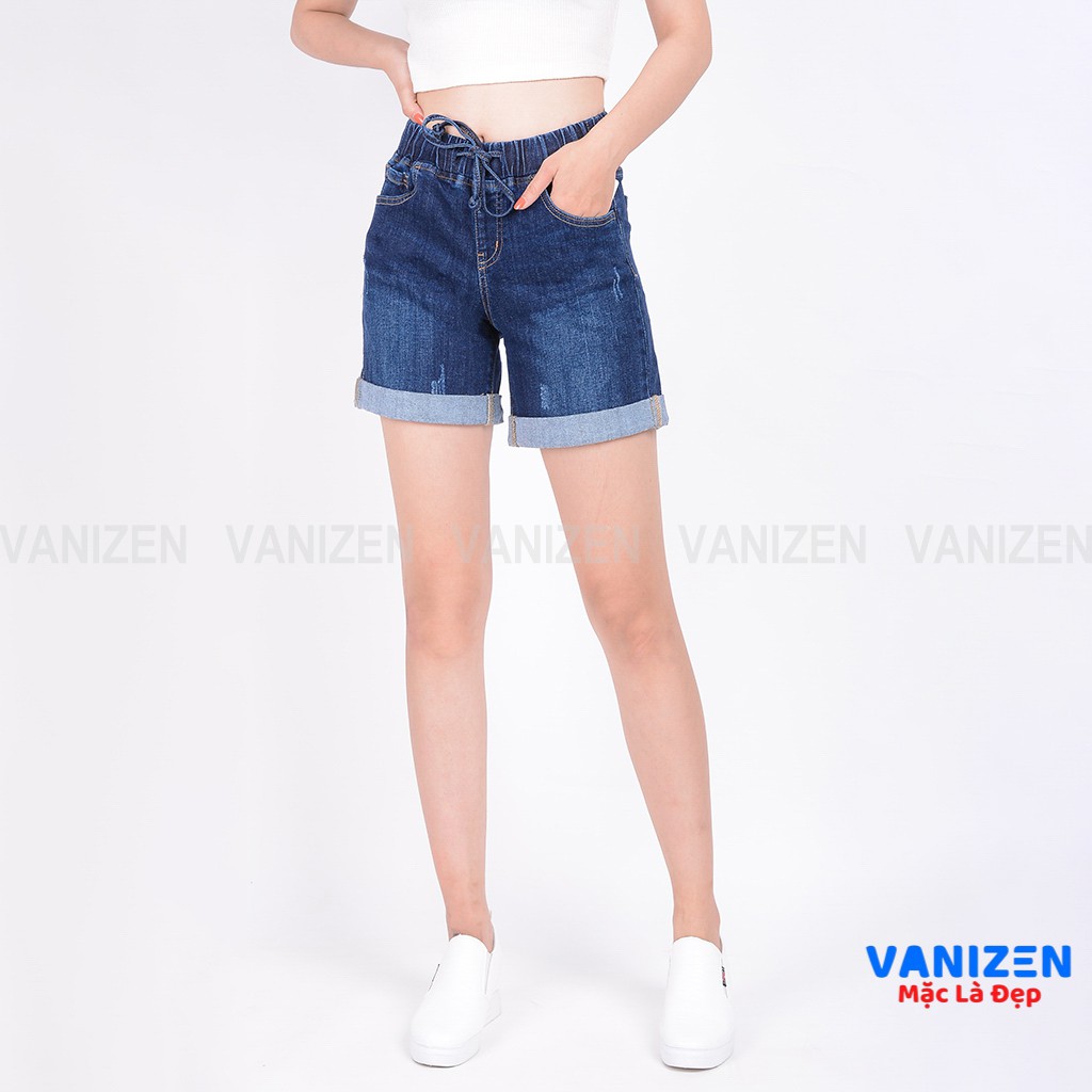 Quần short jean nữ ngắn đẹp lưng cao cạp chun xước nhẹ hàng hiệu cao cấp mã 449 VANIZEN