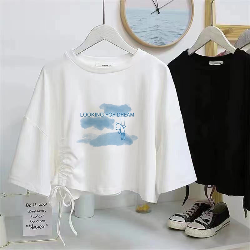Áo Thun Tay Ngắn Dáng Rộng Phối Dây Rút Phong Cách Hàn Quốc Thời Trang Mùa Hè Năng Động