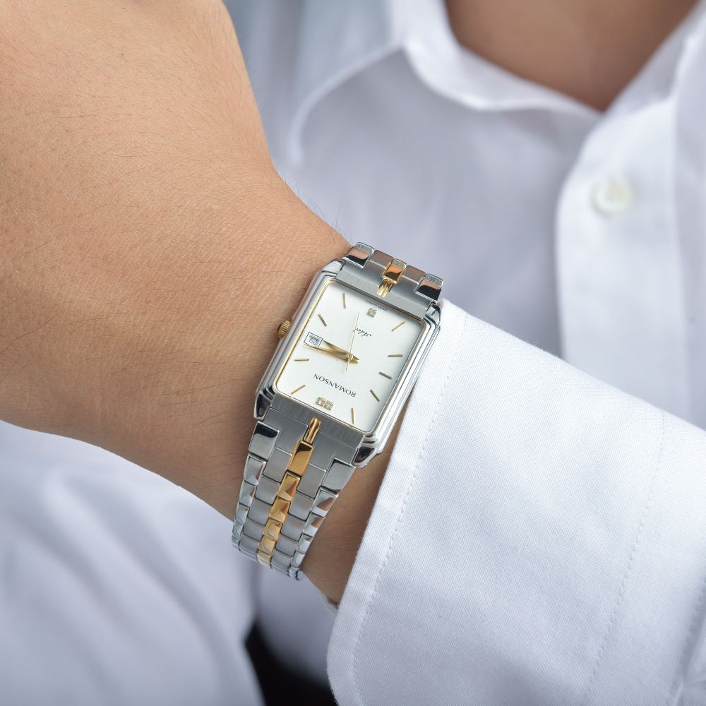 Đồng hồ Romanson Men Watch TM8154CMCWH mặt nhỏ chữ nhật kính chống xước, máy Thụy Sĩ, dây da cao cấp chính hãng