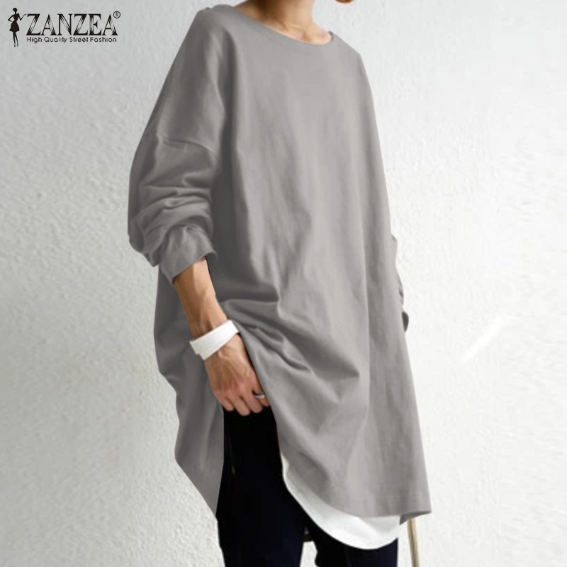 Áo sweatshirt ZANZEA dáng rộng cổ tròn tay dài màu trơn dễ phối đồ phong cách thường nhật cho nữ