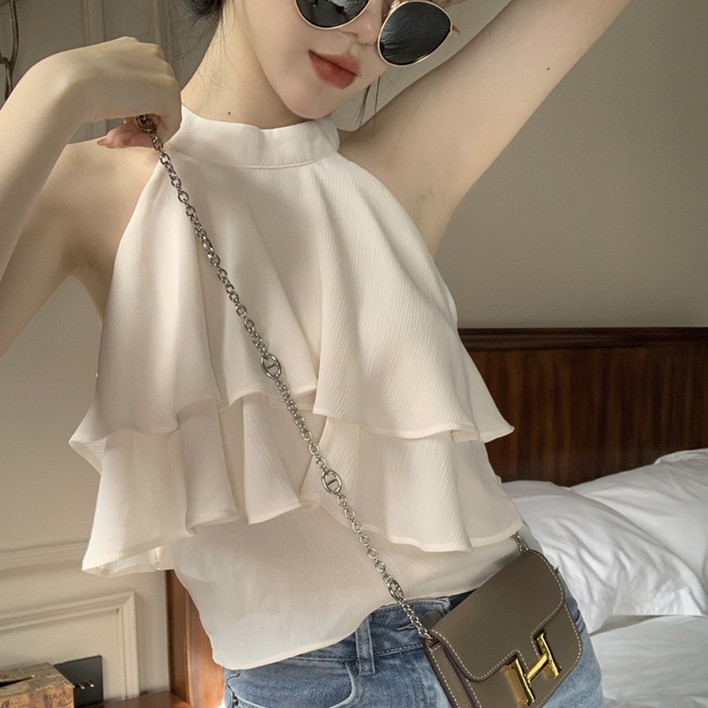 [] - Áo Chiffon Sát Nách Cổ Tròn Nhún Bèo Màu Trơn Thời Trang Mùa Hè Dự Tiệc Hằng Ngày Cho Nữ