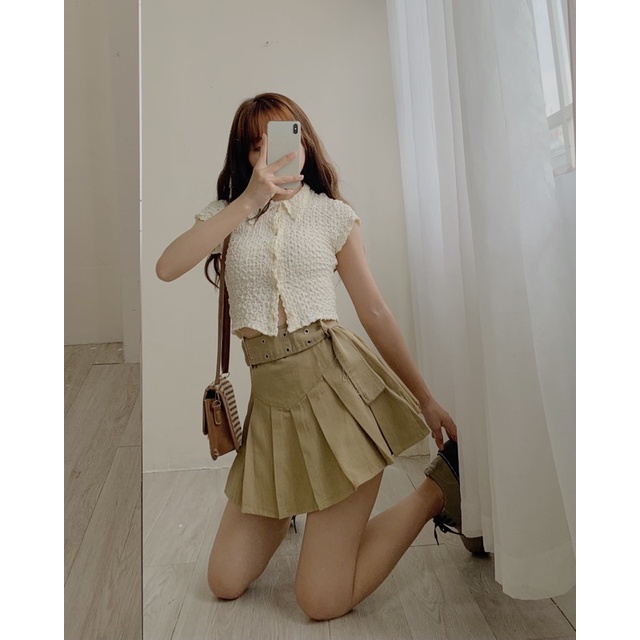 Áo croptop nữ, Áo thun nữ cộc tay dáng ôm chất vải nhăn phong cách Hàn Quốc