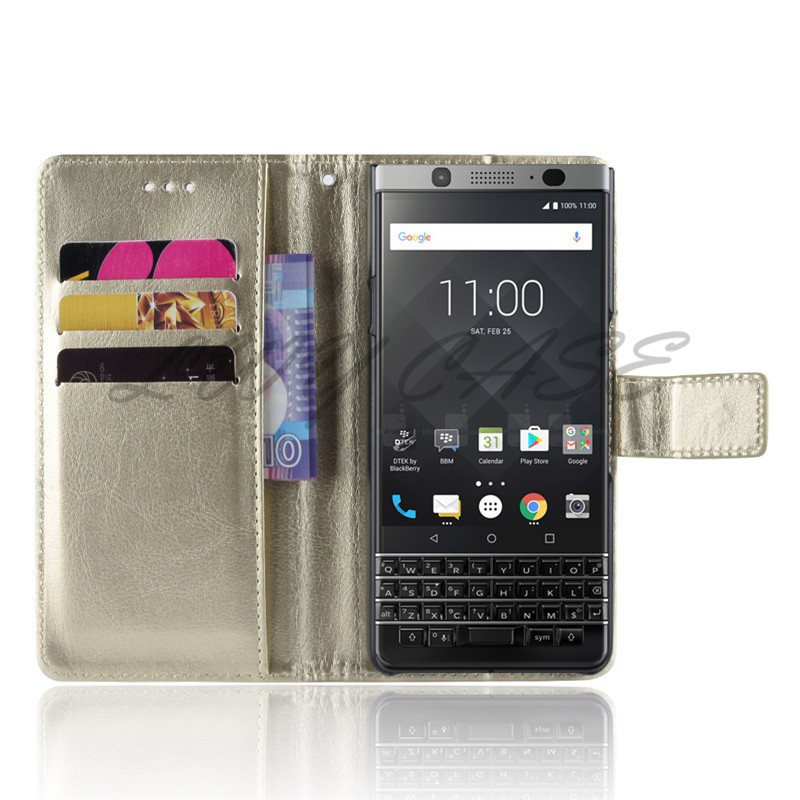 Bao da điện thoại PU màu trơn có giá đứng và ví tiền tiện dụng cho BlackBerry Keyone Priv KEY2