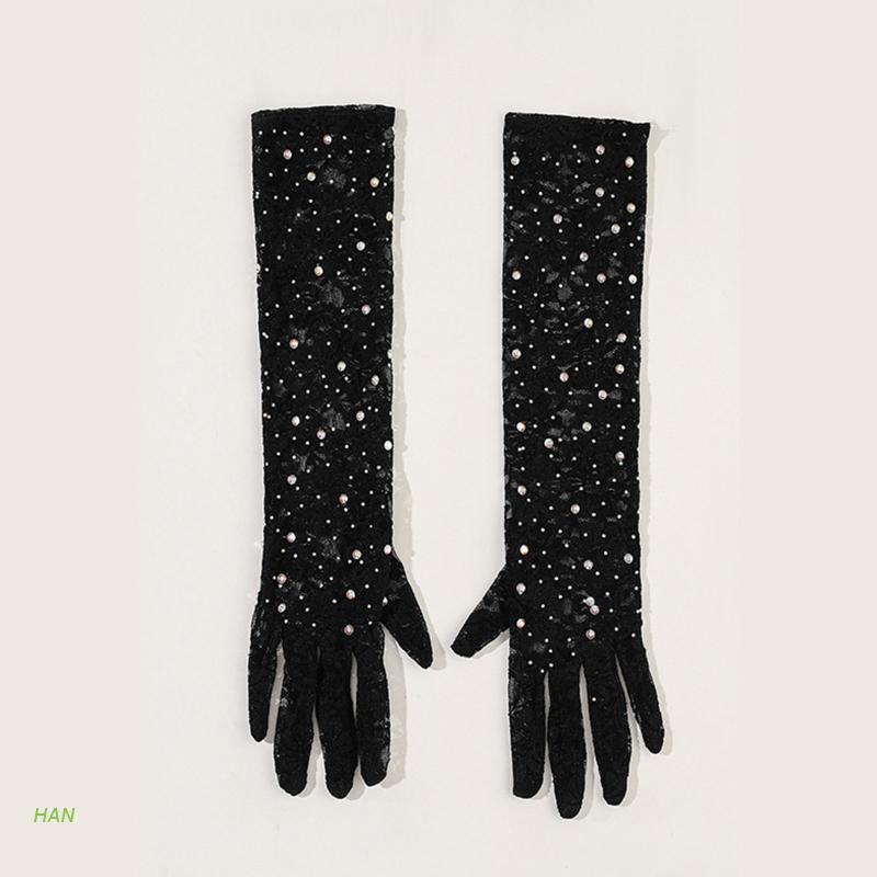 Găng Tay Ren Lưới Màu Đen Đính Đá Lấp Lánh Co Giãn Quyến Rũ Cho Cô Dâu