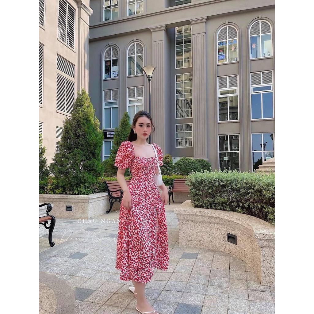 Váy hoa ĐỎ xẻ trước mã 52 (kèm ảnh thật,video)