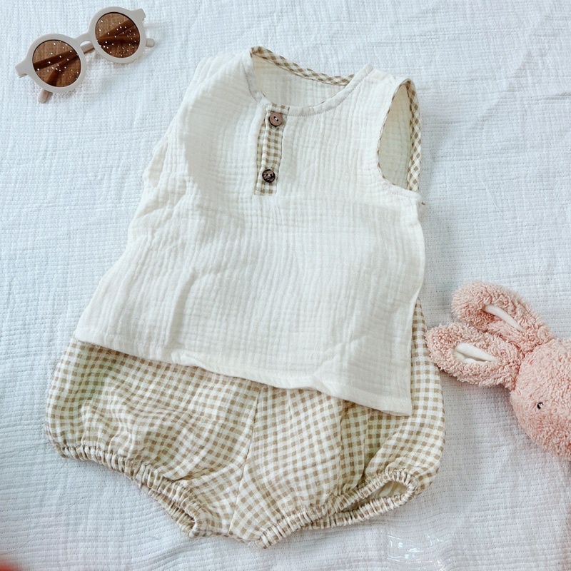Bộ ba lỗ bé trai bé gái cao cấp Vuông tròn chất liệu muslin thấm hút mồ hôi cho mùa hè