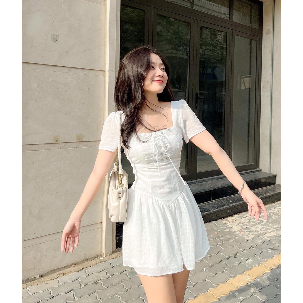 Đầm Cổ Vuông Dáng Xòe Ngắn Ngực Thắt Dây HT28 Phong Cách Hàn Quốc | BigBuy360 - bigbuy360.vn
