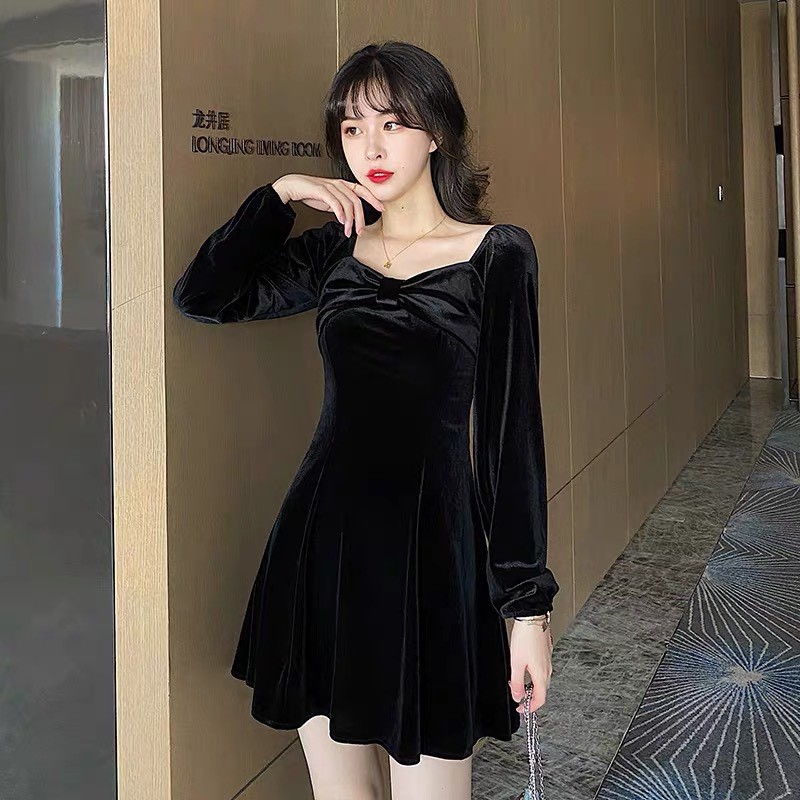 Đầm Nhung Thắt Nơ Ngực Dáng Xoè | BigBuy360 - bigbuy360.vn