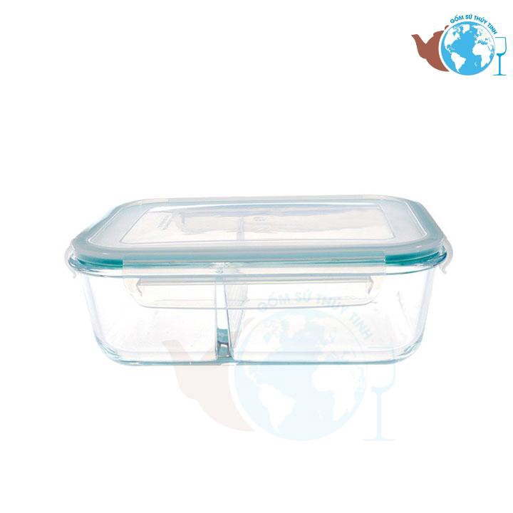 Hộp đựng cơm 2 ngăn chữ nhật - hộp thủy tinh 1 lít đựng thực phẩm BX1001 - Hộp chịu nhiệt cao dùng được lò viba