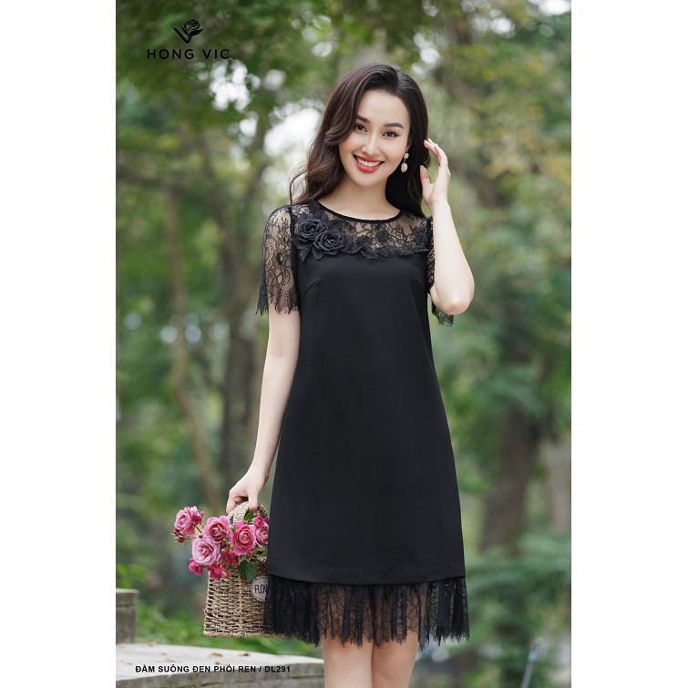 Đầm nữ thiết kế Hongvic dáng suông đen phối ren DL291