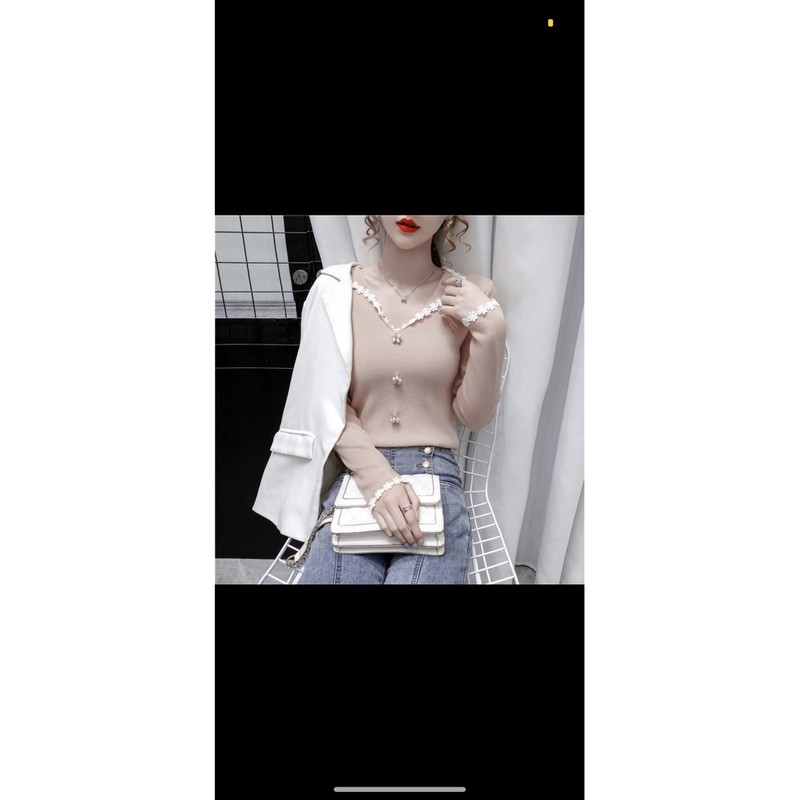 Áo nữ dài tay cổ bẻ pha ren hoa | BigBuy360 - bigbuy360.vn