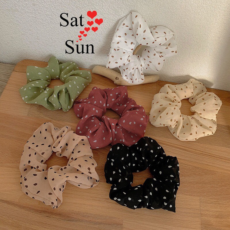 Buộc tóc vải voan scrunchies chấm bi phong cách vintage hot trend