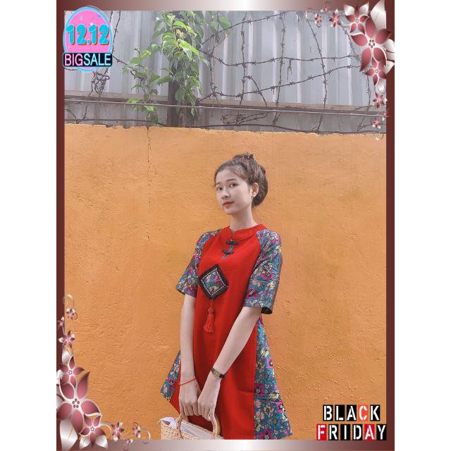 Áo dài cách tân phong cách, đầm đỏ sườn xám phối gấm hoa cao cấp | BigBuy360 - bigbuy360.vn