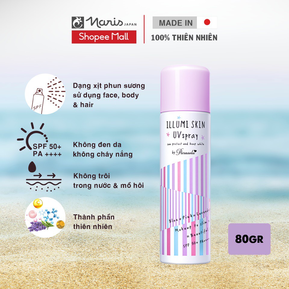 Xịt chống nắng tạo hiệu ứng thon gọn phù hợp mọi loại da Naris Illumi Skin UV Essence SPF50+ PA++++ giúp nâng tone 80ml