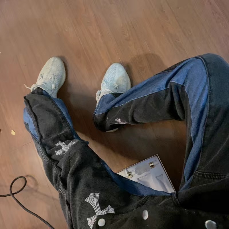 Quần jean ống rộng unisex thánh giá thêu hiphop