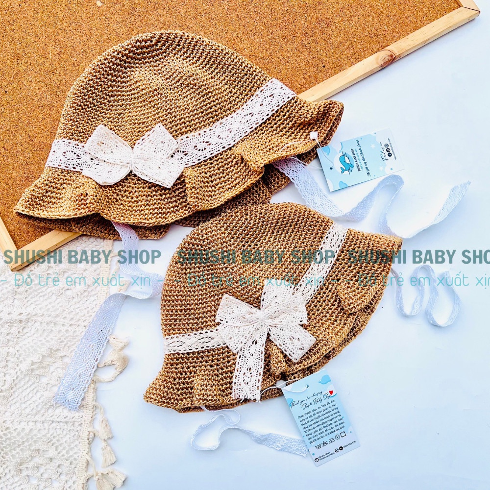 mũ cói nón cói đi biển cho bé gái bé trai và mẹ handmade đính nơ, mũ cói azuma có dây SHUSHI
