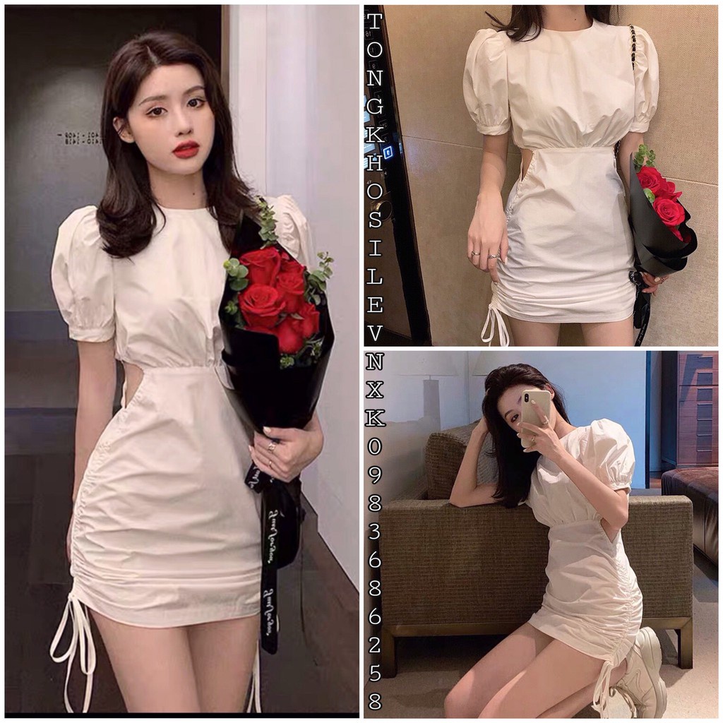 ĐẦM HỞ EO DÂY RÚT MÀU TRẮNG TAY BỒNG KIỂU PHÁP RETRO - VÁY CỔ TRÒN KHÓA KÉO CHUN EO TÀ BUỘC NƠ