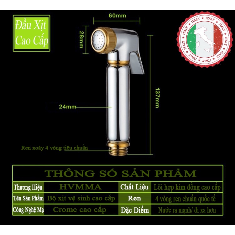 Bộ xịt nhà vệ sinh Phòng tắm Cao cấp mạ Vàng ITALIA Đầu xịt + Dây xịt + Giá đỡ