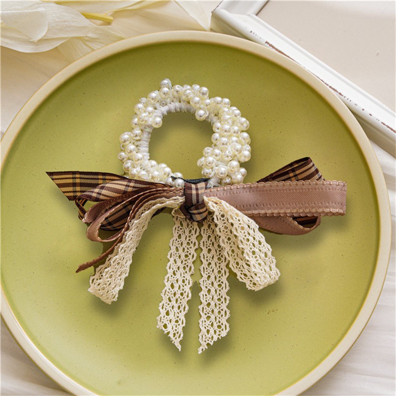 Dây Cột Tóc Co Giãn Cao Phối Ren Đính Ngọc Trai Thiết Kế Mới Thời Trang Hàn Quốc Cho Nữ