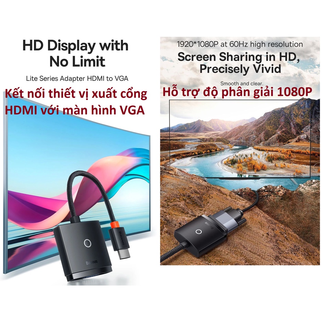 Đầu chuyển HDMI ra VGA hỗ trợ Audio Baseus Lite Series BS-OH011 (Bản AUX)