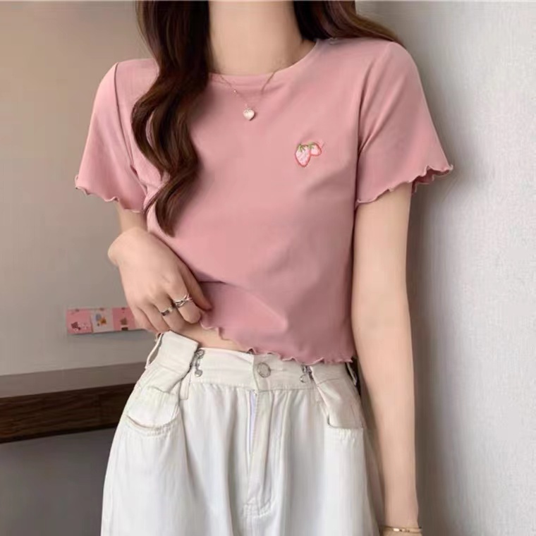 【WANG JIAO ZHAN】 Áo croptop thun ngắn thêu họa tiết xinh xắn dành cho bạn nữ