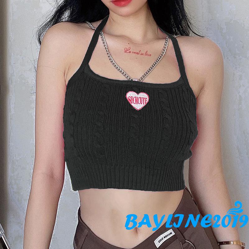 Áo Croptop Dệt Kim Không Tay Thêu Họa Tiết Trái Tim Thời Trang Mùa Hè Dành Cho Nữ