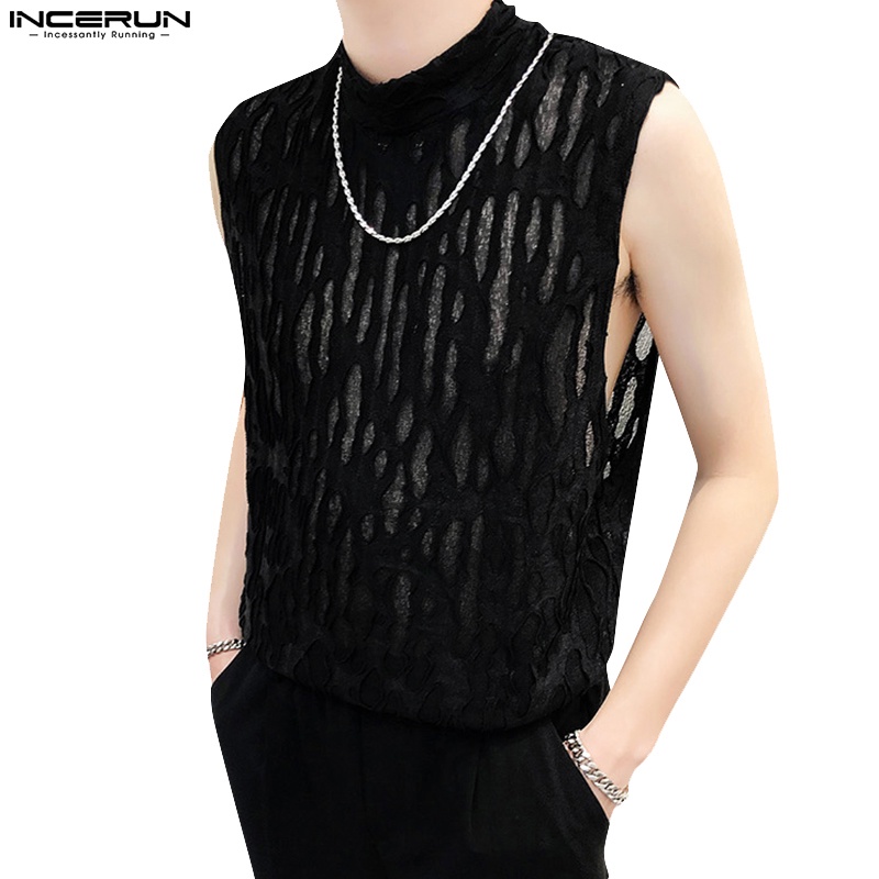 Áo tanktop INCERUN cổ lọ phối ren phong cách retro cho nam