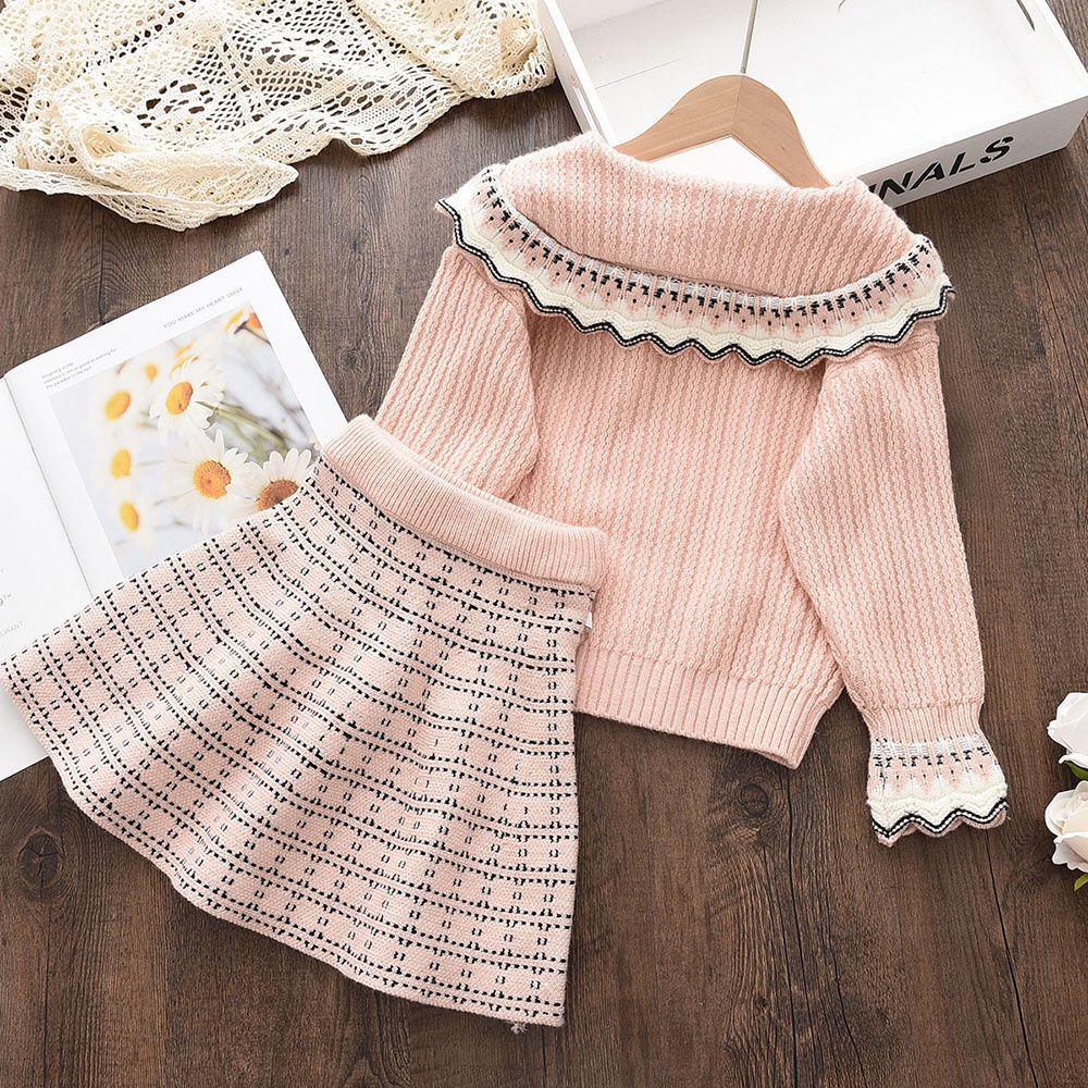 Set đồ BEAR LEADER gồm áo sweater tay dài cổ viền ren màu trơn+chân váy xếp ly thời trang thu đông cho bé gái 2-6T
