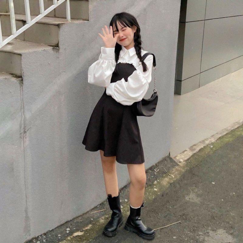 Set váy nửa sơ mi KA Closet gồm váy và áo croptop sơ mi, váy chất umi, áo chất von lụa mềm, mịn, mặc được 2 kiểu | BigBuy360 - bigbuy360.vn