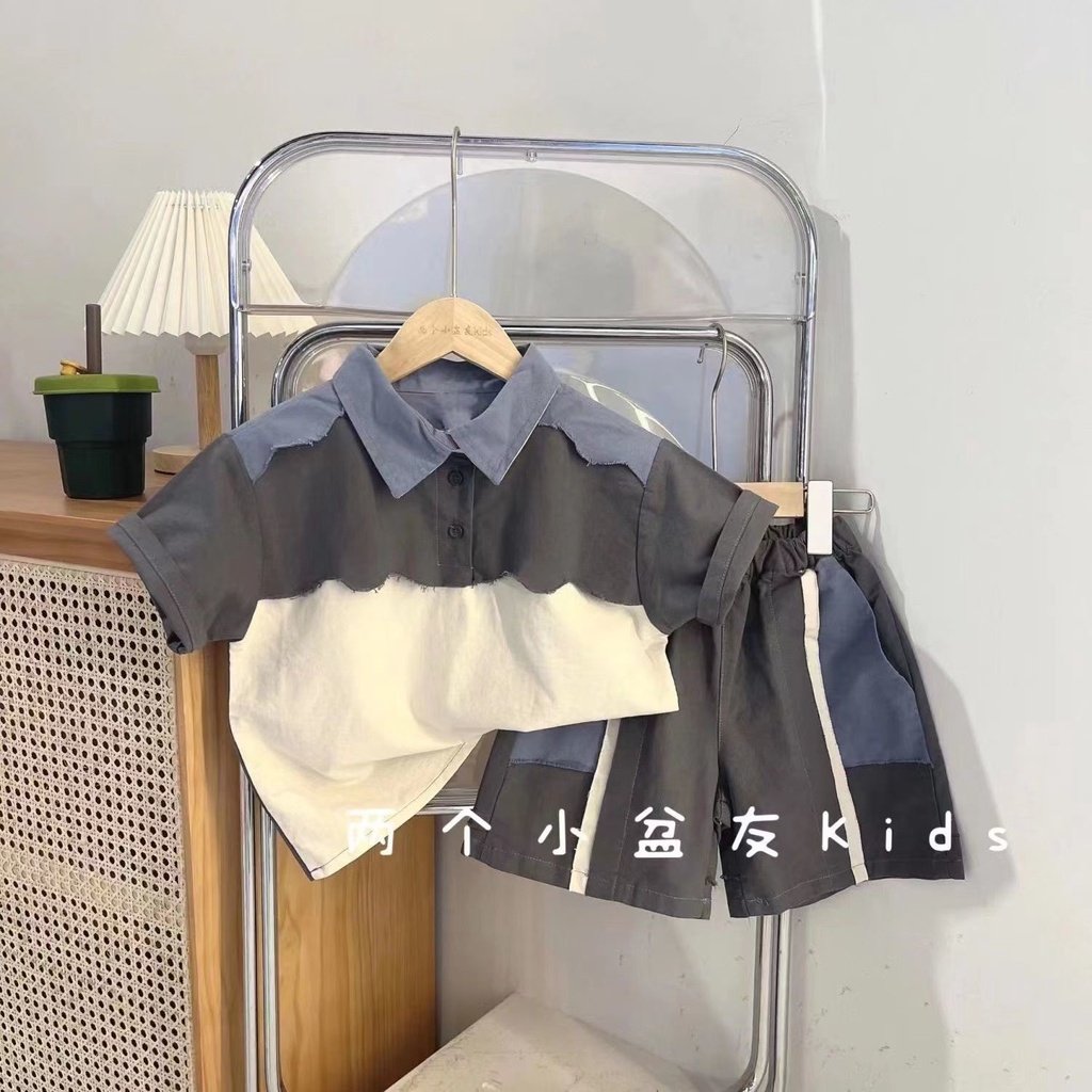 Bộ Áo Thun Tay Ngắn Phối Màu + Quần Short Dáng Rộng Thời Trang Mùa Hè Cho Bé Trai