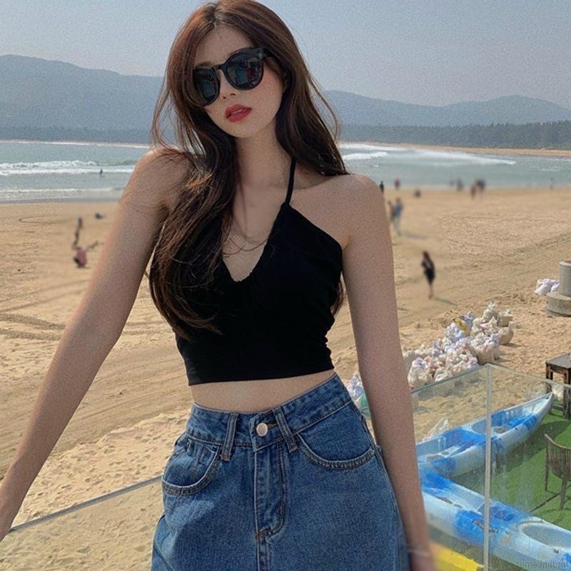 Áo ống nữ kiểu phối dây cột cổ yếm form croptop chất vải thun gân len 4 chiều FreeSize