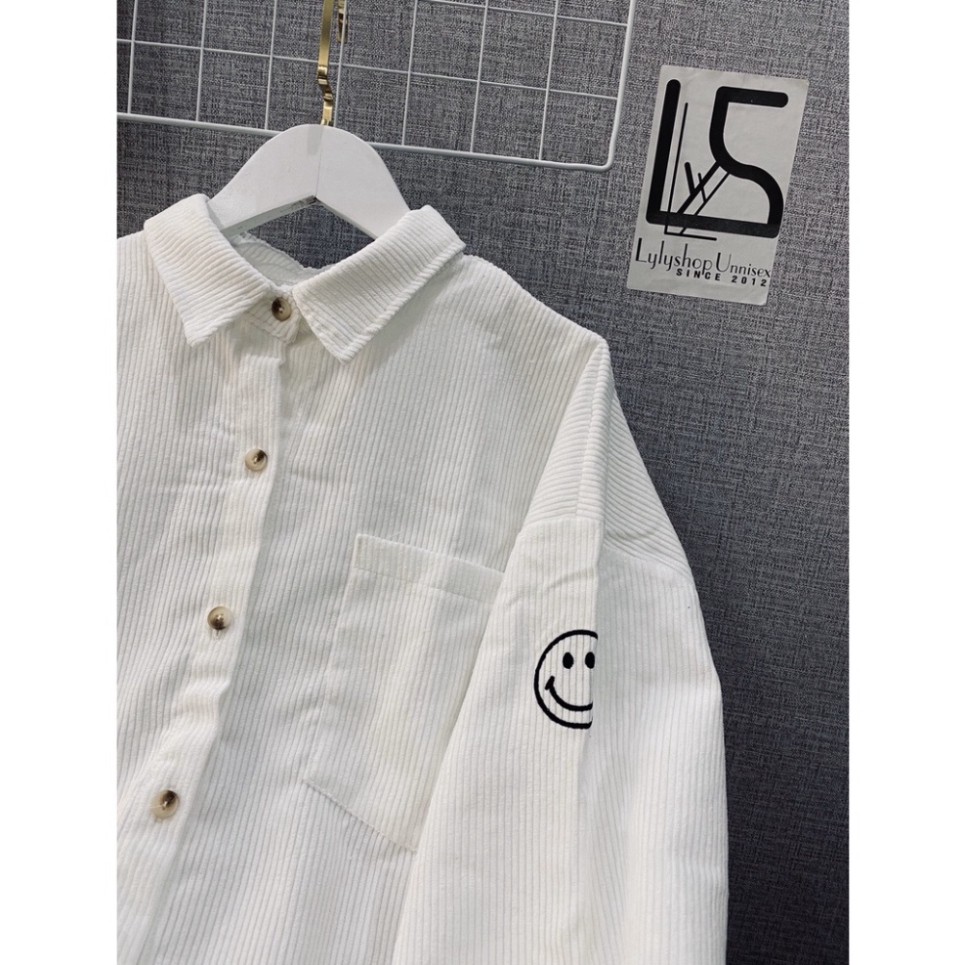 Áo sơ mi nhung tăm nữ Unisex AS03, kiểu áo sơ mi nữ oversize form rộng thêu hình mặt cười chất vải nhung tăm dày dặn ao. | BigBuy360 - bigbuy360.vn