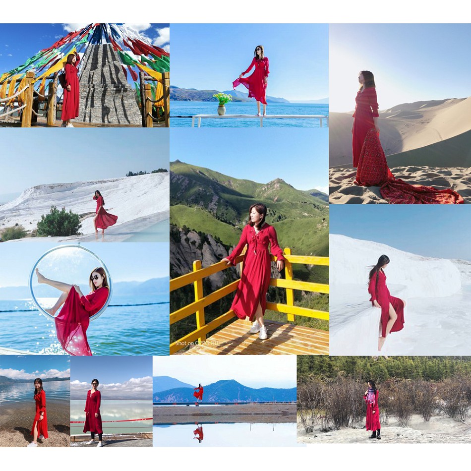 Váy maxi màu đỏ dáng dài xẻ tà đùi đính họa tiết boho - MS107