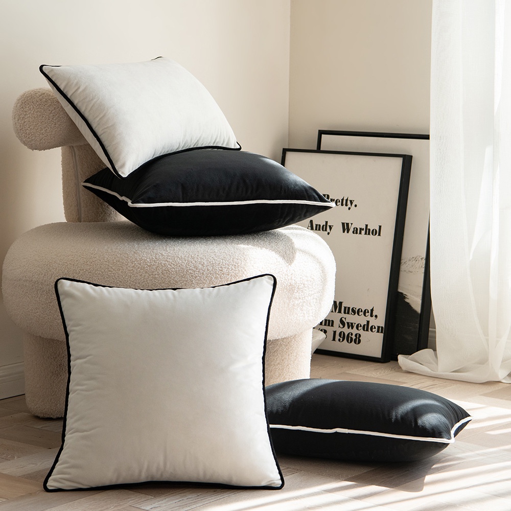 Vỏ Bọc Đệm Gối Sofa Vải Nhung Hình Vuông Có Khóa Kéo Màu Trắng Đen Hiện Đại Đơn Giản Trang Trí Nhà Cửa