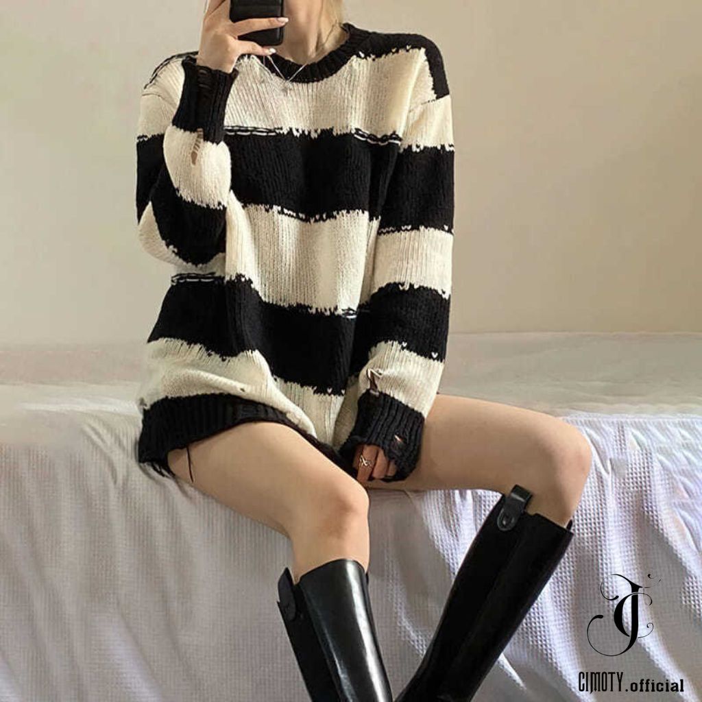 Áo len nữ CIMOTY Áo sweater dệt kim form rộng màu trắng đen phong cách hàn quốc