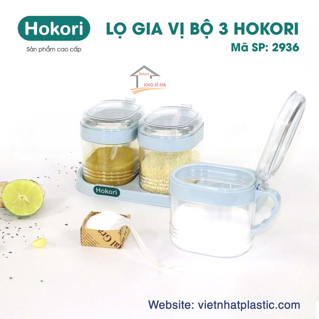 bộ 3 lọ đựng gia vị HOKORI size lớn, hủ đựng gia vị kèm thìa, kệ nhựa trong suốt Việt Nhật kho sỉ mb