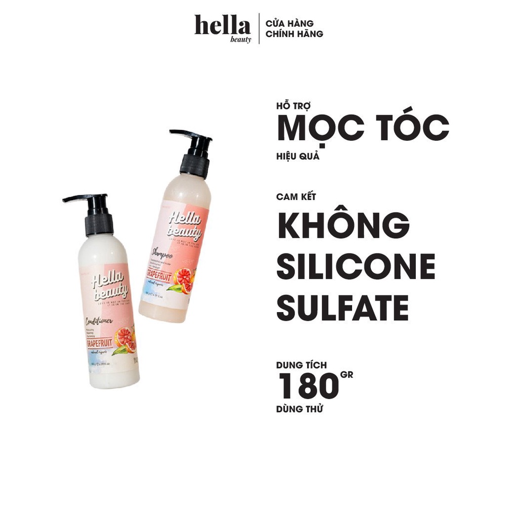 Combo Dầu Gội Xả Bưởi Mọc Tóc Grapefruit 180g Hella Beauty Dành Cho Tóc Khô, Tinh Dầu Bưởi Thảo Mộc Giảm Rụng Bộ 2 chai