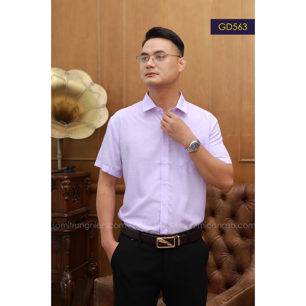 Áo Sơ Mi Nam Công Sở Trung Niên Anton Somianton Màu Tím Ngắn Tay Họa Tiết In Vải Cotton  – GD563