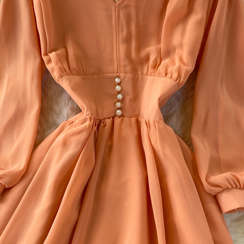 Đầm voan cổ V tay phồng phong cách Hepburn vintage Pháp cho nữ