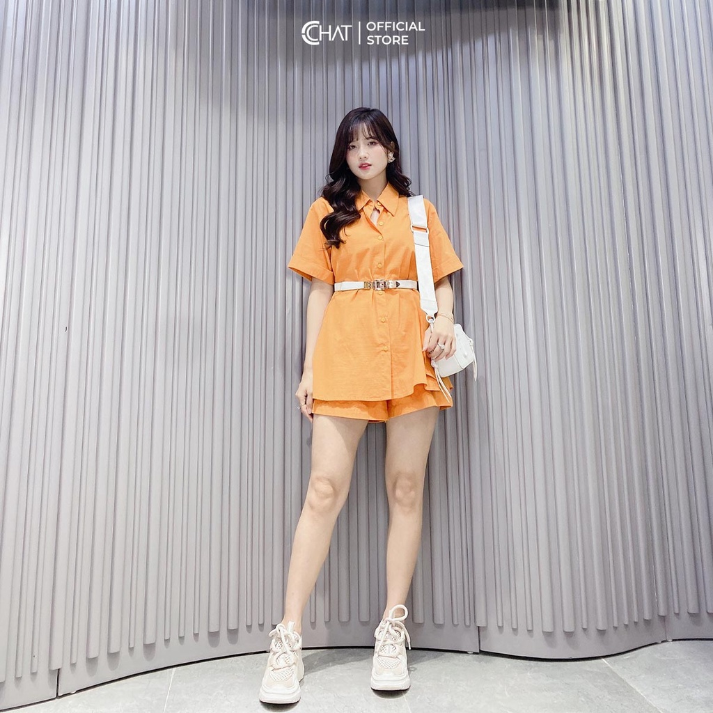 Set Đồ Nữ 𝐂𝐂𝐇𝐀𝐓 Áo Kiểu Eo Bấm Khuy Quần Short Phong Cách Trẻ Trung Thanh Lịch 12BNT2013AT