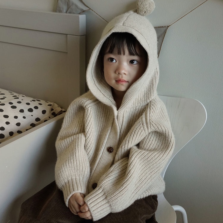 Áo Khoác Cardigan Có Mũ Trùm Đính Quả Bông Dễ Thương Cho Bé Trai