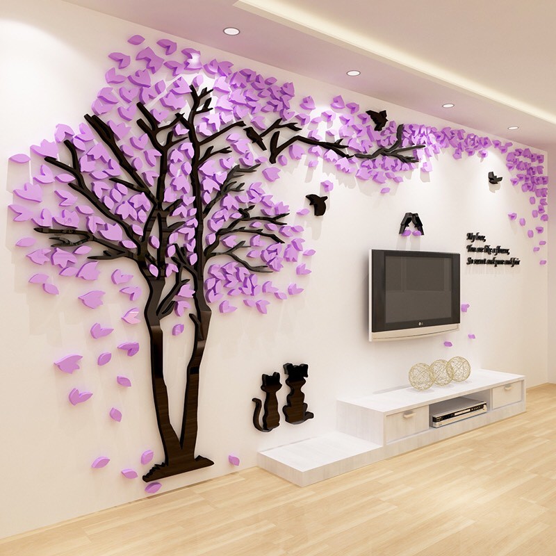 Tranh dán tường mica 3D - cây tình nhân tím, trang trí phòng khách