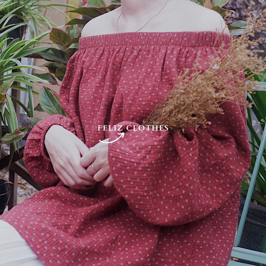 Áo babydoll dài tay hoạ tiết hoa nhí màu đỏ mận cực đáng yêu