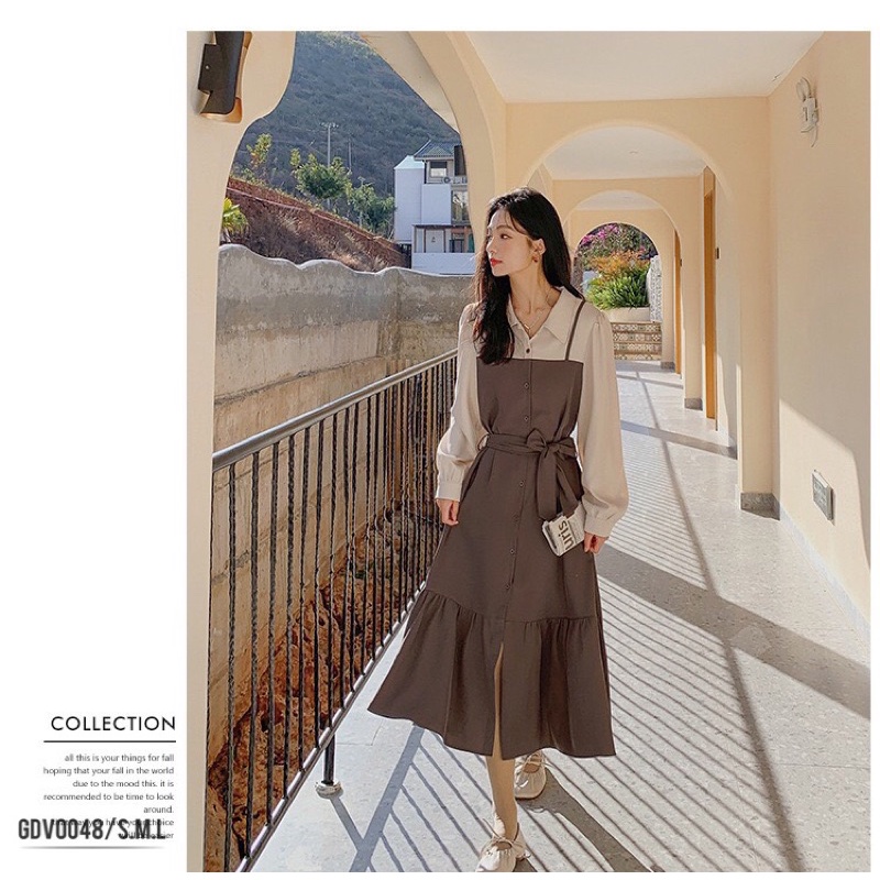 Bán sỉ váy xoè đuôi cá vintage kèm đai màu nâu dài 103cm