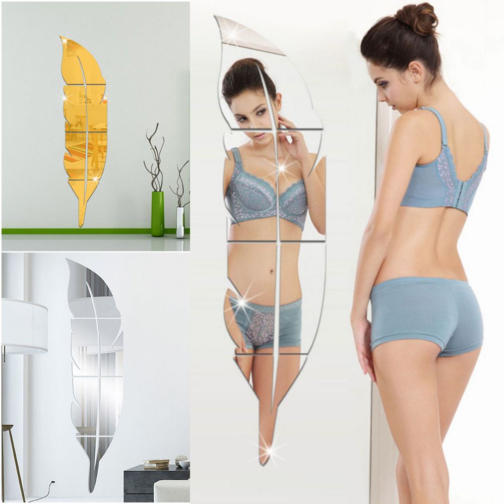 Miếng Dán Tường Trang Trí Hình Lông Vũ Tráng Gương 3d Bằng Acrylic Nhiều Màu Thời Trang Diy