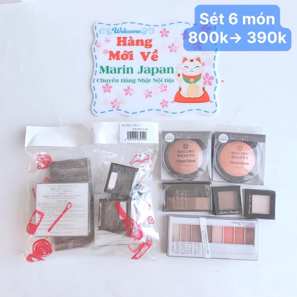 (SALE 50%) Sét 6 món trang điểm phấn má, phấn mắt, phấn lông mày tone nude Malibu Beauty Nhật Bản