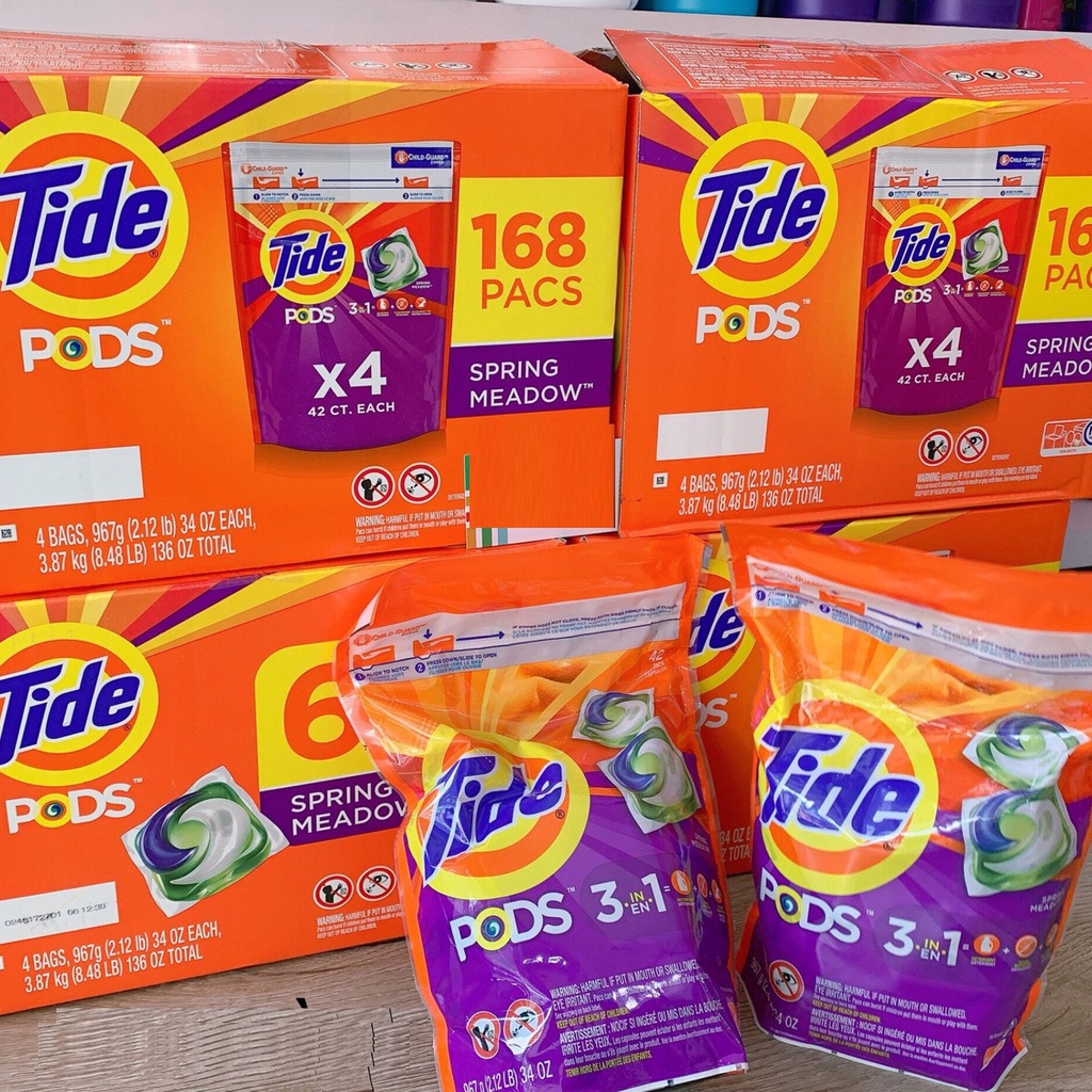 1 Thùng 4 gói Viên Giặt Quần Áo Tide Pods 3in1 Mỹ - 168 viên ( 42 viên/ túi)