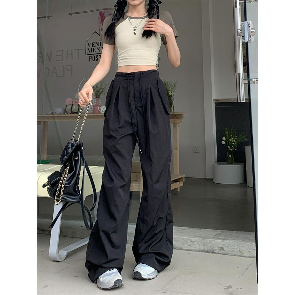 QADCOL Quần ống rộng Màu Đen Phong Cách retro Thời Trang Mùa Hè Dành Cho Nữ