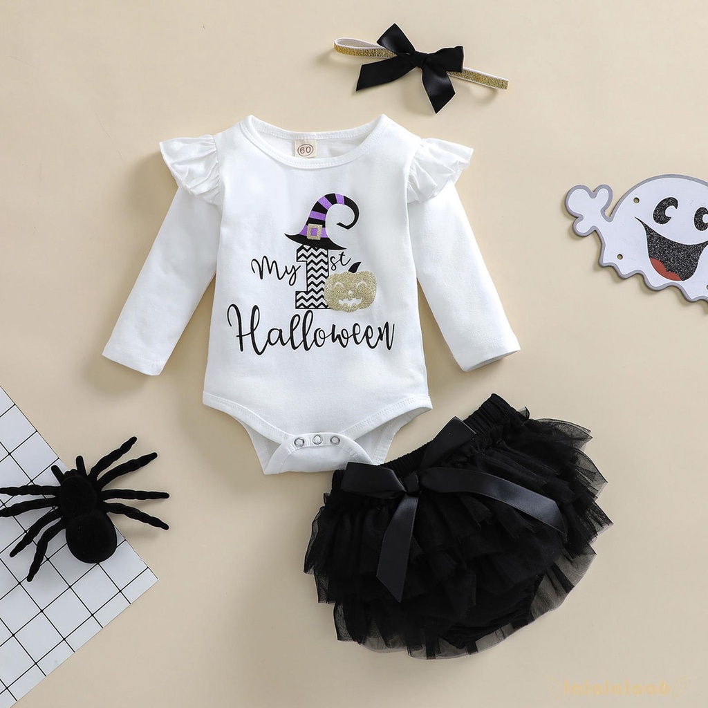 Set áo liền quần + chân váy + băng đô nơ cài tóc phong cách Halloween cho bé